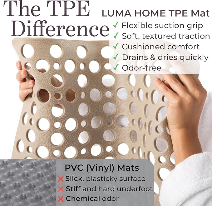 Non Slip Bathtub Mat and Shower Mat Beige TPE Strong Suction Cups Aesthetic Bath Mat for Inside Shower with Soft Texture, Quick-Dry Drain Holes, Spa-Inspired Design 30x17” (75x43 cm)