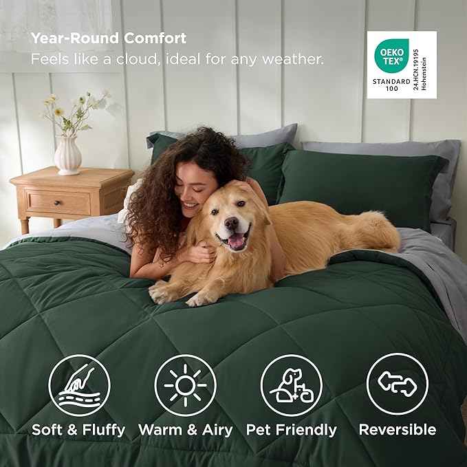 Bedsure Full Size Comforter Set - 7 Pieces Reversible Forest Green Bedding, Full Size Bed Set for All Seasons, Bed in a Bag with Down Alternative Comforter, Sheets, Pillowcases & Shams