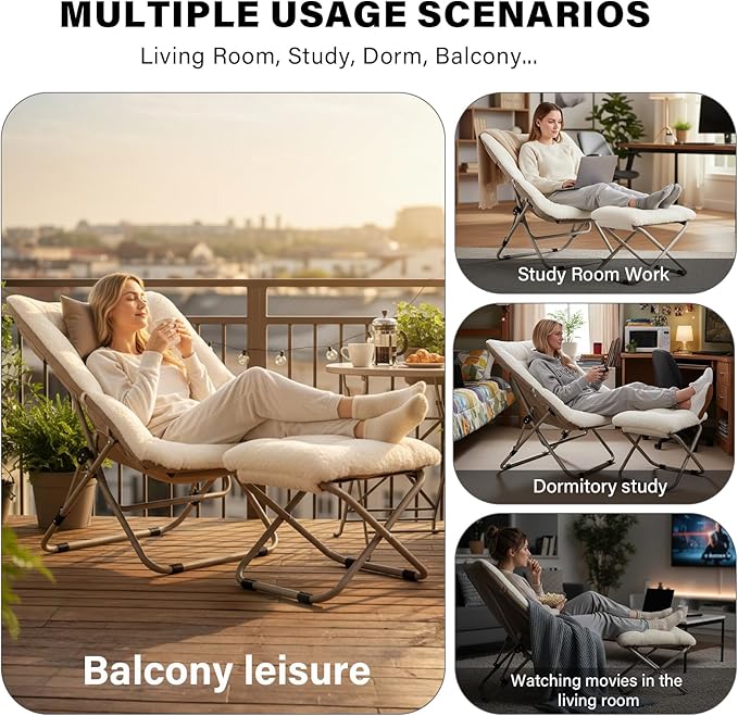 Tiita Folded Chair with Straight Ottoman, Soft Faux Fur Oversized Folding Accent Chair,Lounge Lazy Chair, Metal Frame Moon Chair for Bedroom, Living Room, Dorm Rooms, Garden and Courtyard, Beige