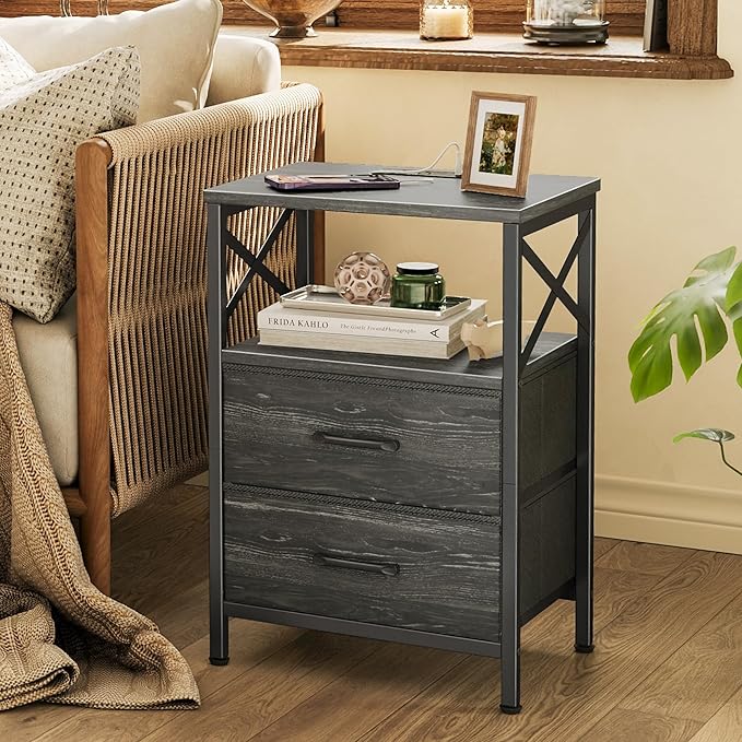 Huuger Nightstands Set of 2, Night Stand with Charger Station, 2 Drawer Side Table with Open Shelf, USB-C Port, End Table for Small Spaces, X Shaped Side Rail, Charcoal Black