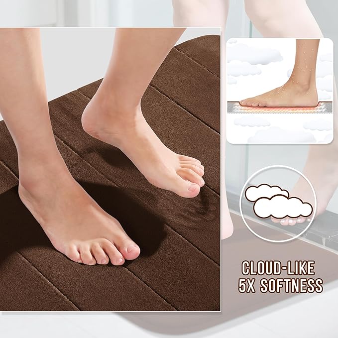 Yimobra 3 Pieces Memory Foam Bath Mat Set with U-Shaped Toilet Rug - Non Slip Super Soft Absorbent Quick Dry Bathroom Rugs for Bathtub, Vanity & Toilet Base, Brown