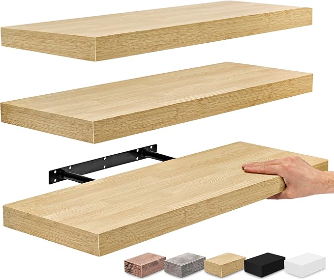 Sorbus Floating Shelves for Wall - 24" Bathroom Shelves, Wall Decor for Bedroom, Kitchen, Living Room, Home Decor & Book Storage - Mounted Floating Shelf with Invisible Brackets (Maple Wood, 3 Pack)