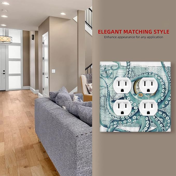 Octopus Nautical Kraken Compass Anchor Outlet Covers 2-Gang Duplex Light Switch Cover Plate Decorative Gfci Wall Plate Electrical Receptacle Switch Plate Covers Plug Faceplate Bathroom Decor