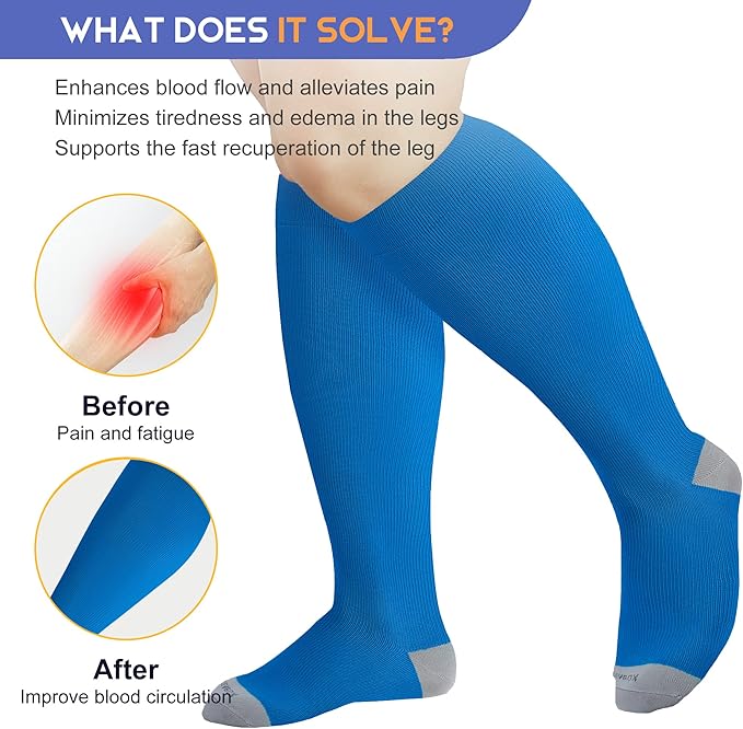 LEVSOX Plus Size Compression Socks for Women Men Wide Calf Extra Large 15-20 mmHg Knee High Sock for Nurses Pregnant Travel