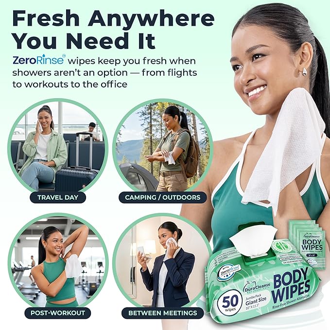 Body Wipes for Women - Sensitive Skin (Gentle Clean) - 1 Pack (54 Wipes), Extra Moist No-Rinse Bathing Wipes, Waterless Shower Alternative for Travel, Gym & Women's Hygiene