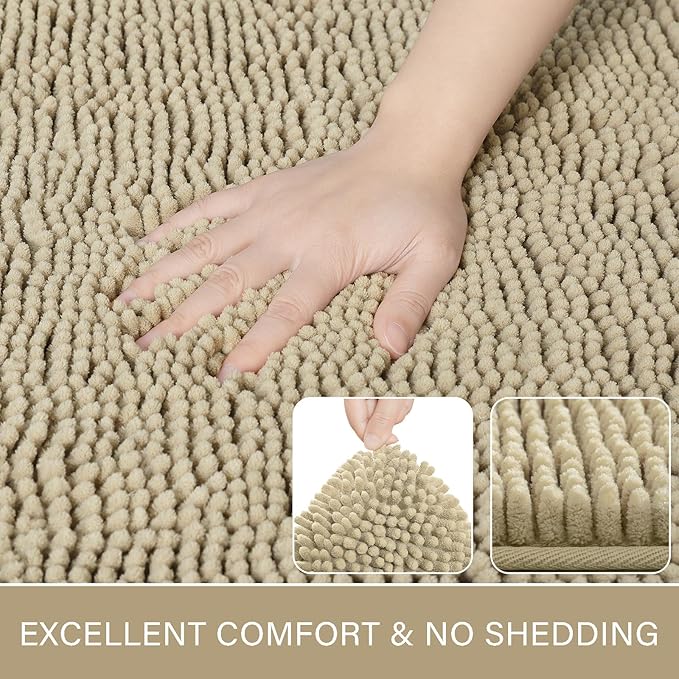 LOCHAS Luxury Bathroom Rug Shaggy Bath Mat 24 x 48 Inch, Washable Non Slip Bath Rugs for Bathroom Shower, Soft Plush Chenille Absorbent Carpets Mats, Beige