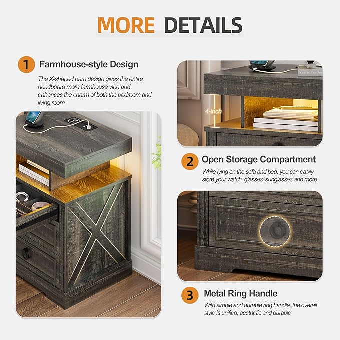 Gurexl Farmhouse Night Stand with Lockable Gun Drawer,LED Nightstand with Charging Station,Bedside Table with Human Sensor 3-Color Lights,End Table with 3 Drawers,Bedroom,Rustic