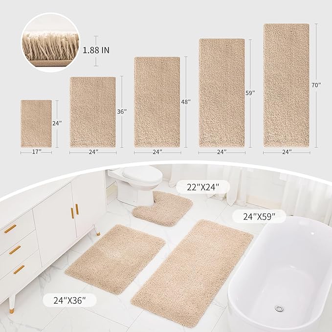 Beige Bathroom Runner Rug 24x70 Non Slip Fluffy Long Bath Mat for Bathroom Floor Washable Plush Luxury Large Bath Rug for Tub Absorbent Runner Rug for Bedside