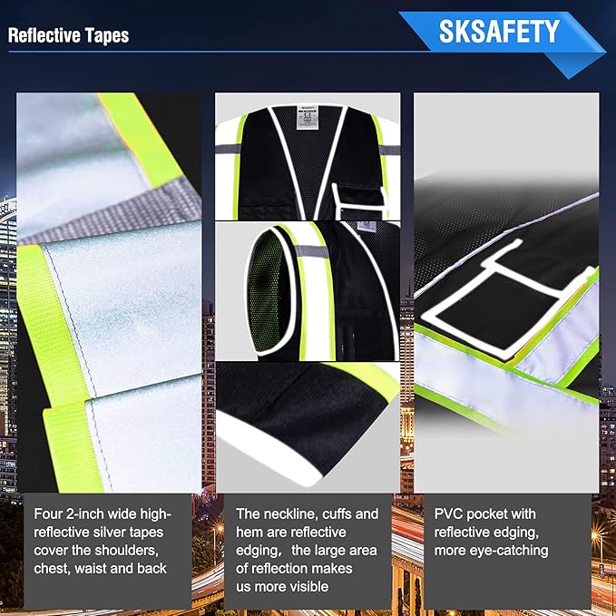 SKSAFETY 10 Pockets Safety Vest, Class 2 High Visibility Security with Zipper Back Mesh, Hi Vis Vest with Reflective Strips, ANSI/ISEA Standard, Construction Work Vest for Men ＆ Women （Black, XL）