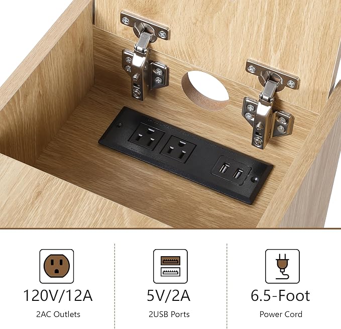 Metal Rattan Narrow End Table with Charging Station, Boho Side Table with Drawers Storage, Small Night Stand with Power Outlets and USB Ports, Sofa Side Table for Living Room - Natural