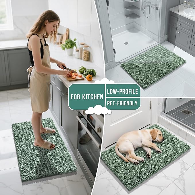 Yimobra Bathroom Rugs Sets 2 Piece - Quick Dry Extra Thick Luxury Chenille Bath Mat, Non Slip Super Absorbent for Tub Shower Sink, Machine Washable Shaggy Floor Mat, 32"x20"+24"x17" Inch, Green