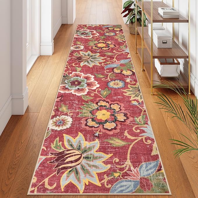 Beeiva Floral Runners for Hallways, Washable Rugs Runners 2.5x10 Non Slip Red Rug, Vintage Rugs with Rubber Backing Paisley Stair Carpet for Kitchen Entryway Laundry Room Christmas