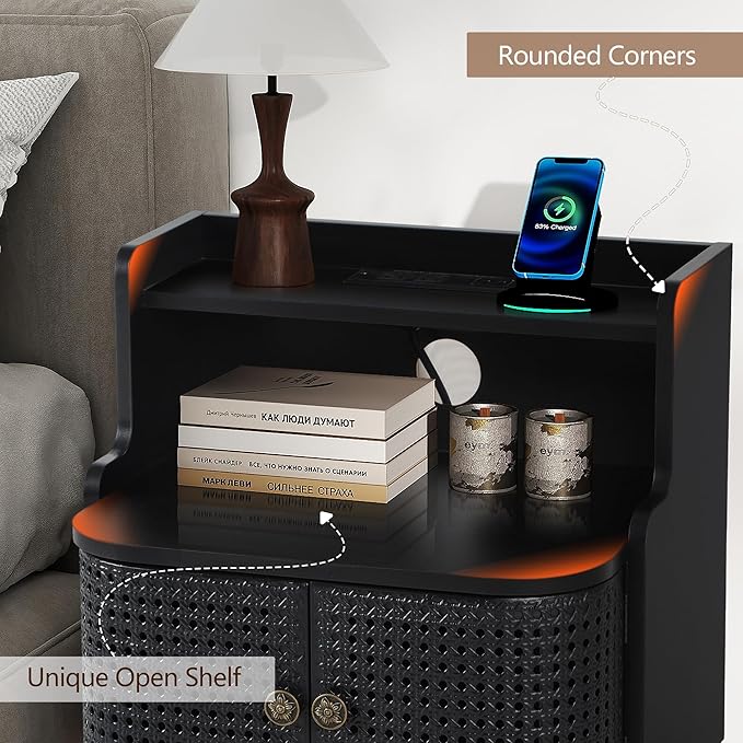 Metal Rattan End Table Set of 2 with Charging Station, Mid Century Modern Nightstand with 2 Doors, Bed Side Table with Storage for Couch,Living Room, Sofa Side Table for Office,Dorm - Black