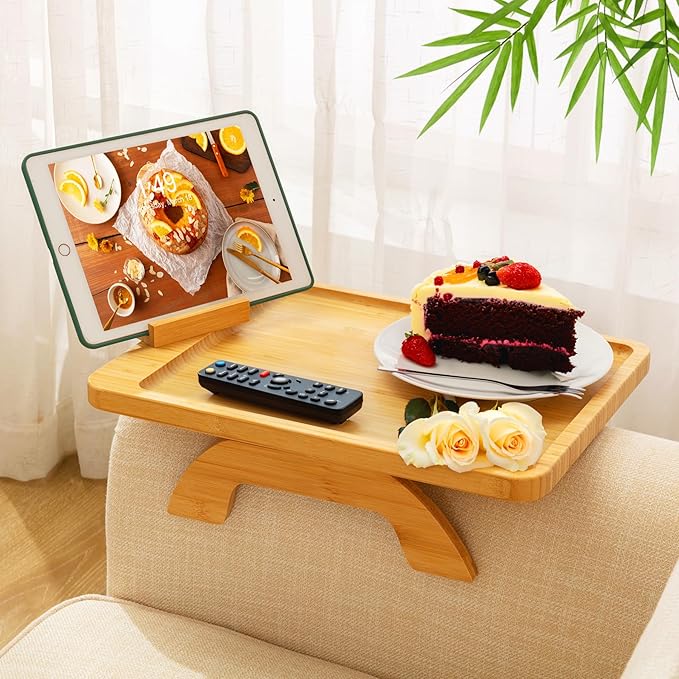 SINWANT Couch Arm Tray Table, Large Bamboo Couch Armrest Table with Phone Holder,Foldable Sofa Armrest Tray for Eating Snacks Drinks Remote Books Arm Chair