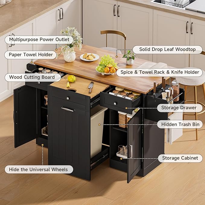 ONBRILL 61" Kitchen Islands with Movable Wood Cutting Board & Trash Storage Cabinets, Rolling Island Cart with Drop Leaf & Power Outlet, Dining Table with Spice & Towel Rack & Knife Holder, Black