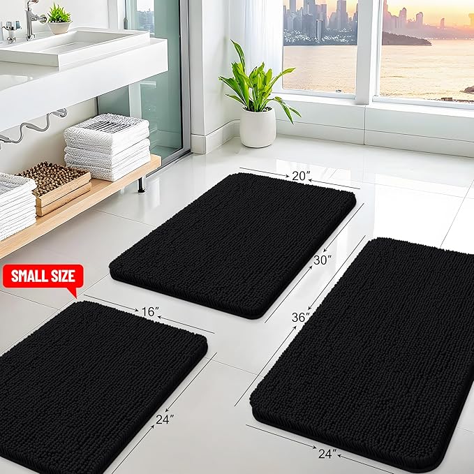Arotive Bathroom Rugs 47x17, Extra Soft Absorbent Shaggy Chenille Bath Rugs, Machine Washable Rubber Backing Non-Slip Bath Mats for Bathroom Floor Tub and Shower, Home Decor Accessories, Black