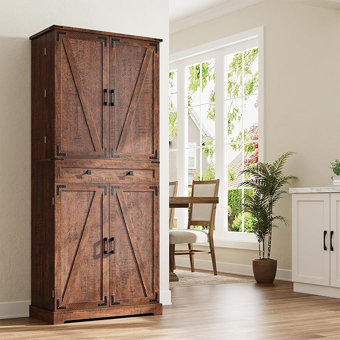 ELYKEN 72" Tall Kitchen Pantry Cabinet, Rustic Brown Farmhouse Pantry with Large Food Storage for Kitchen Dining Room Living Room