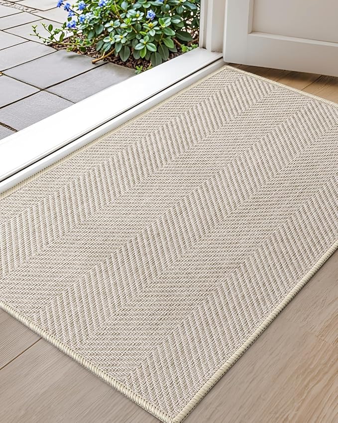 Color&Geometry Extremely White Beige Ultra Thin Indoor Door Mat 24"x36", Machine Washable Front Door Mat Non Slip, Low Profile Entrance Mat Indoor, Absorbent Carpet for Inside, Entry, Entryway (FOLD)