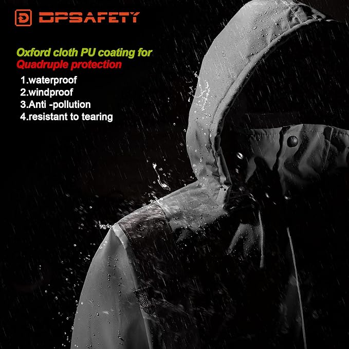 Reflective Jacket, High Visibility Parka, Waterproof Hi Vis, Safety Jacket with Removable Hood and Zipper, ANSI Class 3 (Black,3XL)