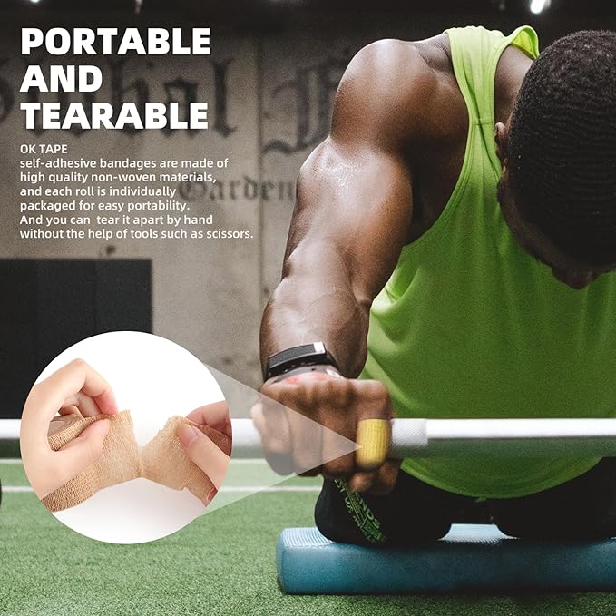 OK TAPE Self Adherent Cohesive Bandages Wrap - 24Packs, 1" x 5 Yards, Non-Woven Self Adhesive Bandage Wrap for Thumb, Finger, Wrist, Ankle, Vet Wrap Bandages Tape (Beige)