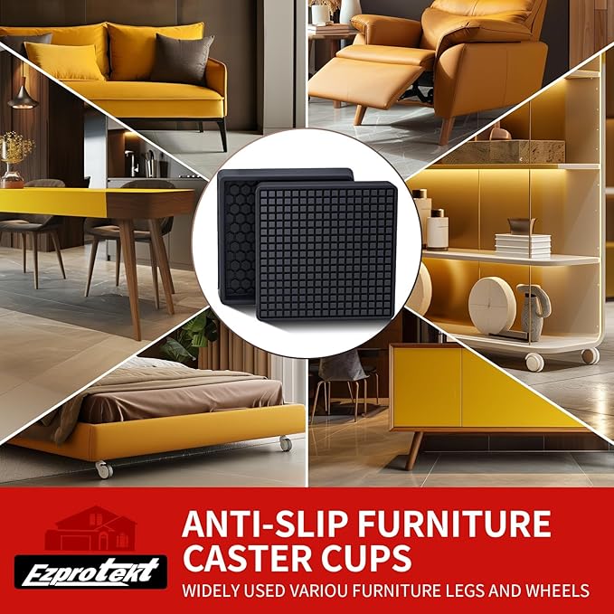 Ezprotekt Non Slip Furniture Pads, 4 Pcs 3" Anti Skid Rubber Furniture Caster Cups, Anti-Slip Furniture Coasters for Hardwood Floors, Anti Slide Floor Protectors for Bed Couch Stoppers (Black)