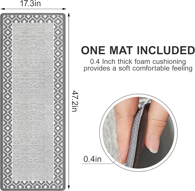 Anti Fatigue Kitchen Rug Kitchen Floor Mats Cushioned Anti Fatigue Memory Foam Kitchen Rugs Padded Kitchen Floor Mat Non Slip Washable Kitchen Mats for Floor Laundry Office Sink 17.3"x47.2" Grey