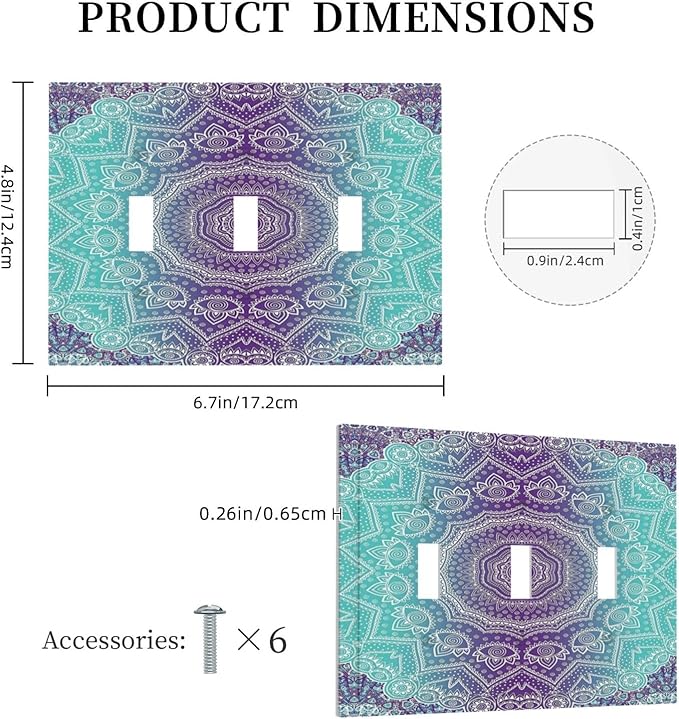 Light Switch Cover Ombre Modern Mandala Floral Geometric 3 Gang Wall Plate Triple Light Switch Plate Toggle Decorative Outlet Covers Electrical Switchplate for Bathroom Bedroom Decor