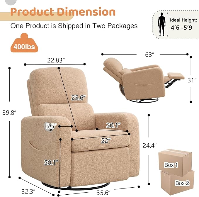 Swivel Rocker Recliner, Oversized Manual Boucle Nursery Glider Rocking Recliner Chair with Removable Cushion, Upholstered Swivel Reclining Chair for Nursery Living Room Bedroom,Teddy Camel