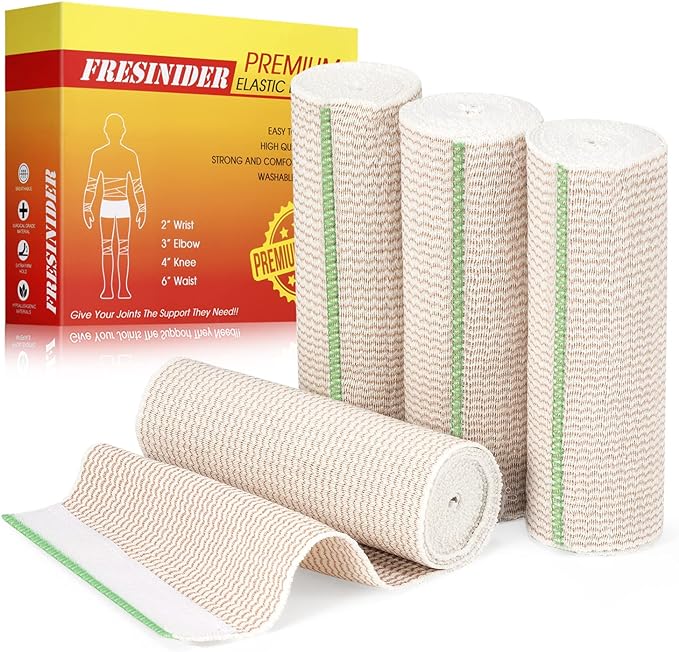 FRESINIDER Premium Elastic Bandage Wrap, 4 Pack 6" × 4.5 Yards (13.5 ft) Cotton Latex-Free Compression Wrap with Touch Closure, Reusable Support Bandage for Sports, Exercise, and Daily Joint Support