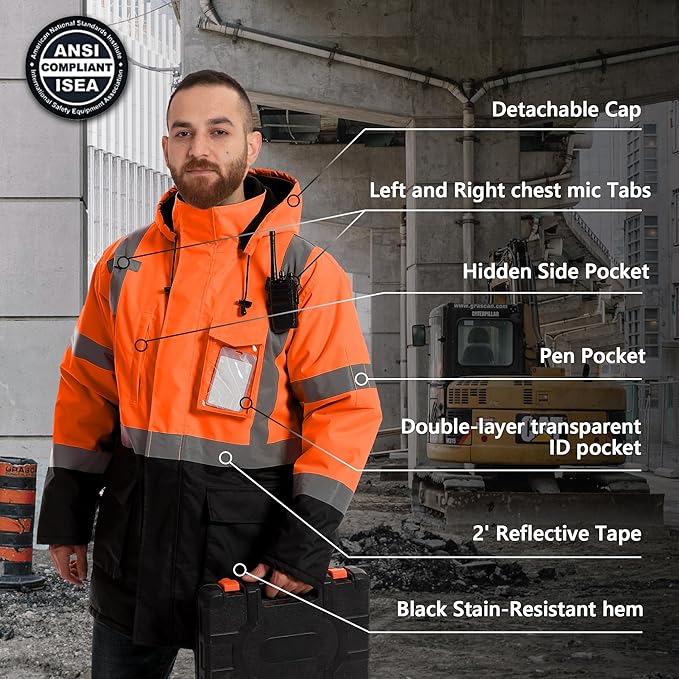 Reflective Jacket, High Visibility Parka, Waterproof Hi Vis, Safety Jacket with Removable Hood and Zipper, ANSI Class 3 (Orange,2XL)