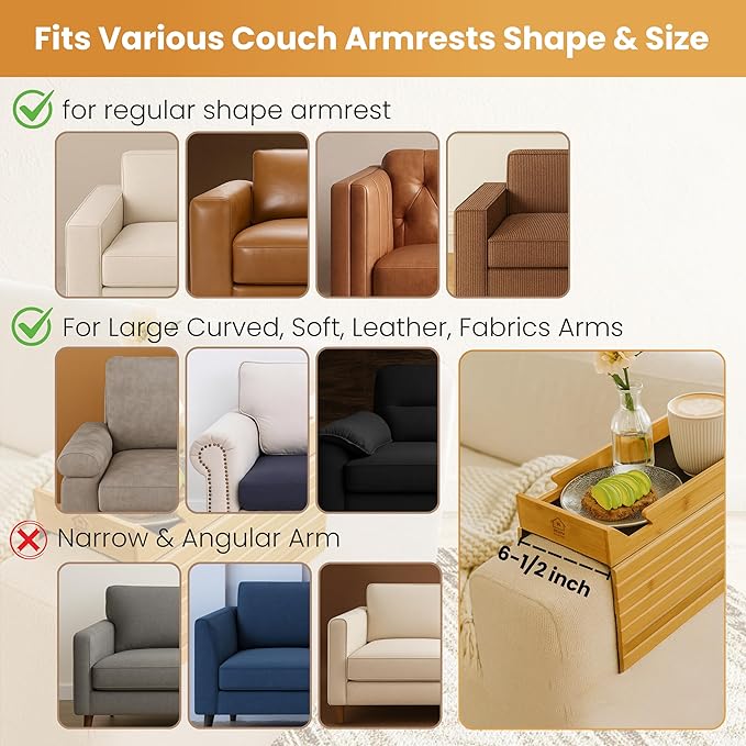 REVIV Bamboo Sofa Arm Tray Table - Foldable, Anti-Slip Couch Armrest Tray Table for Snacks, Drinks, and Devices, Flexible Couch Cup Holder, Durable and Natural Bamboo Design