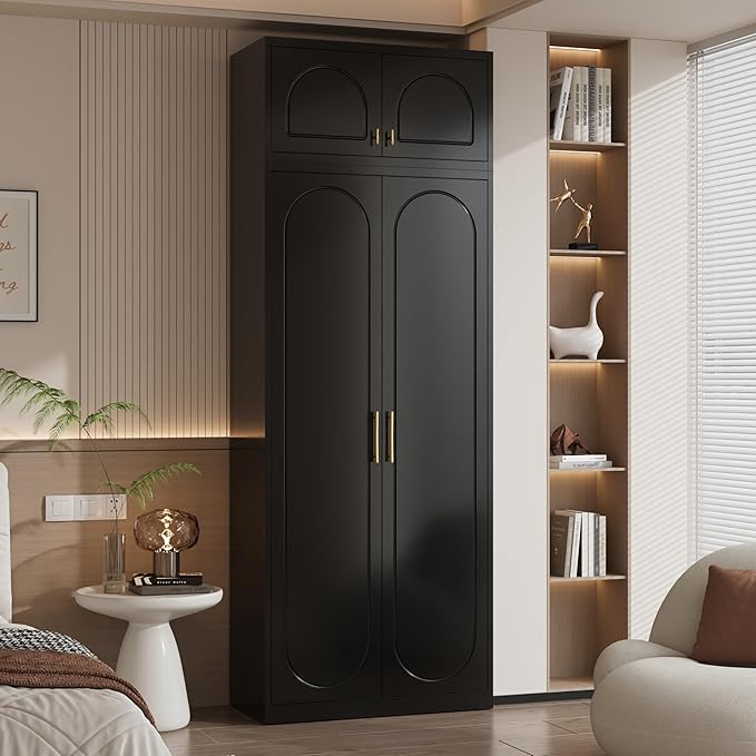 Metal Armoire Wardrobe Closet, 86 Inch Tall Freestanding Wardrobe Cabinet with Hanging Rod, Bedroom Armoires with Doors, 18" D x 32" W x 86" H, Black, Assemble Required, Shipped in Two Packages
