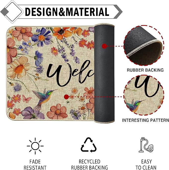 Wildflower Welcome Doormat 17"x36", Flower Spring Door Mat Indoor Entrance, Indoor Front Door mat, Non Slip Outdoor Entrance Mats, Low Profile Design Patio Porch Entryway Mats