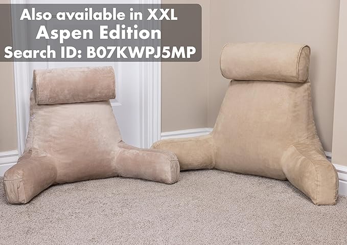 Husband Pillow XXL Aspen Edition, Adult Reading Sit Up Bed Rest Pillow for Bed with Arms & Neck Roll on Bungee Cord - Premium Memory Foam - Reversible 2 Sided Cover Micro Suede or Plush, Cowboy Taupe