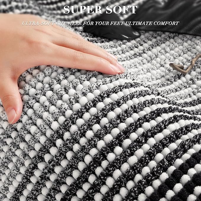 BSICPRO Bathroom Rugs Sets 3 Piece, Toilet Rugs U-Shaped Contour Bath Mat Set, Long Striped Absorbent Non Slip Chenille Shower Mat, Black