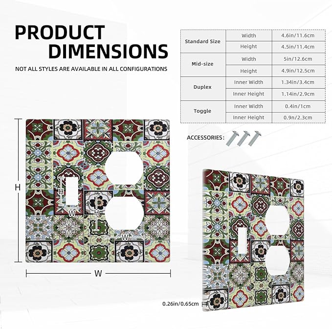 Wallplates Talavera Tile Decal 1 Toggle 1 Duplex Switch Plate Electrical GFCI Faceplate Decorative Light Switch Covers for Bedroom Bathroom Decor