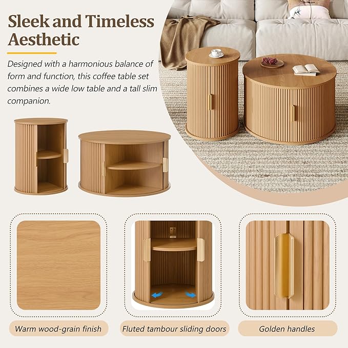 Merax Mid Century Coffee Table Set with Sliding Tambour Door, Round Coffee Table with Storage, Fluted Accent Center Tables for Living Room, Office, Small Space, Natural