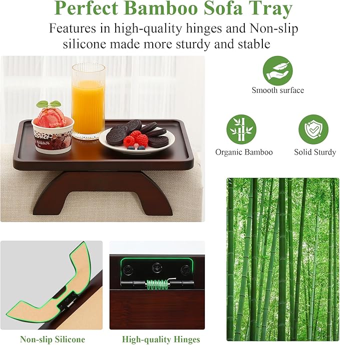 SINWANT Couch Arm Table,Bamboo Sofa Arm Clip on Tray Tables,Couch Armrest Table Suitable for Home Drinks/Eat/Fruit, Snack Chair Tray for Drink Eating