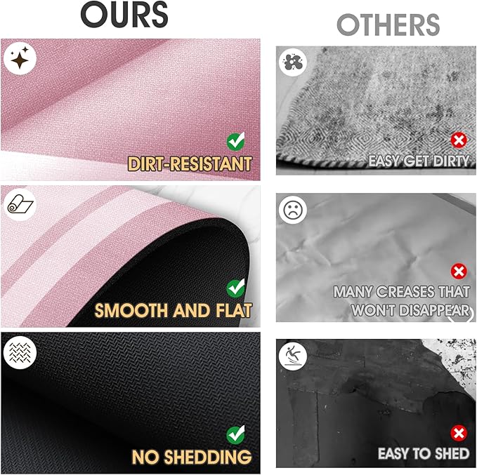 Ultra Thin Bath Mat, Upgrade Backing Non Slip Thin Bath Mats Fit Under Door, Quick Dry Ultra Absorbent Bathroom Rugs, Machine Washable Bath Rugs for Bathroom, Bathtub & Kitchen, Pink/Bordered/24"x17"