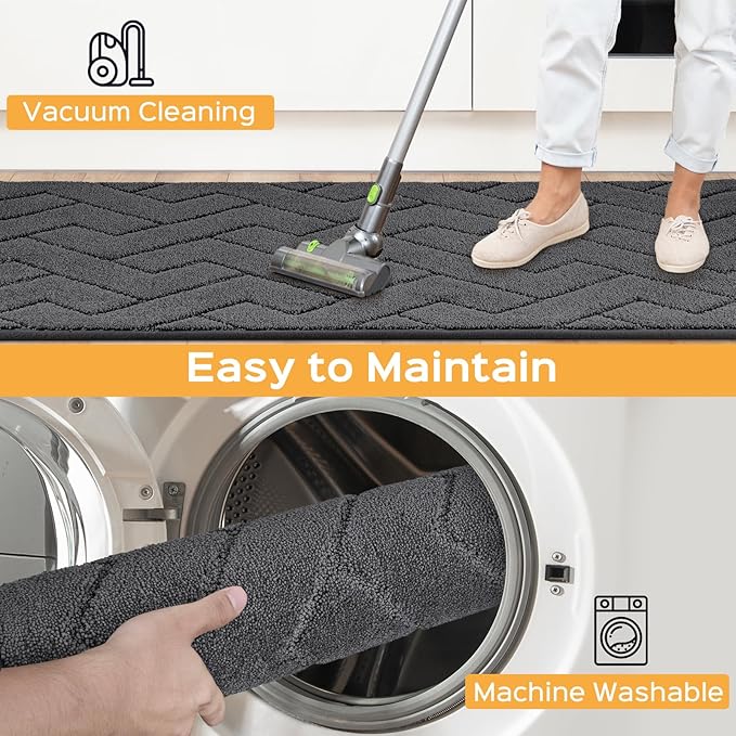 Machine Washable Kitchen Rugs Set (24" x 36"+24" x 60"), Non-Slip Kitchen Runner Rugs Mats for Floor, Absorbent Comfort Standing Mats for Kitchen, Sink and Hallway, Rolled Packaging, Charcoal