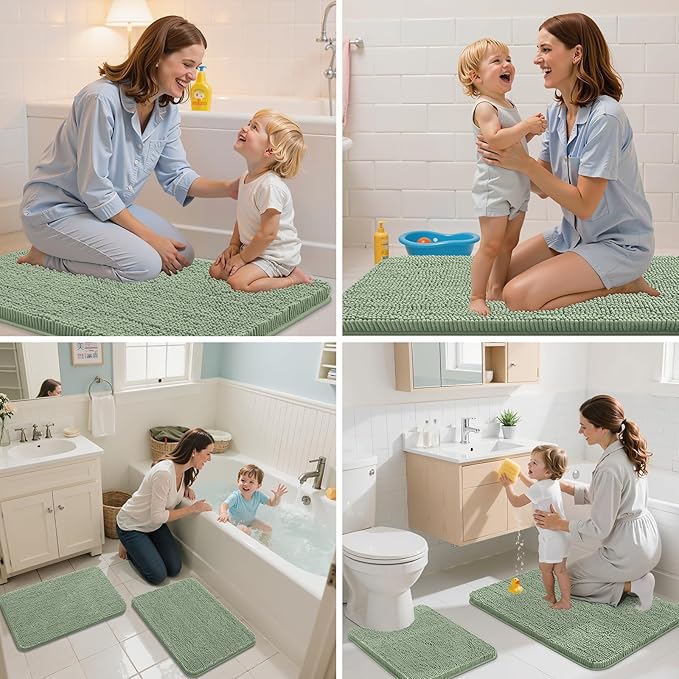 Arotive Bathroom Toilet Rugs U Shaped 24x20, Extra Soft Absorbent Shaggy Chenille Contour Bath Rugs for Toilet, Machine Washable Non-Slip Contoured Bath Mats, Sage Green