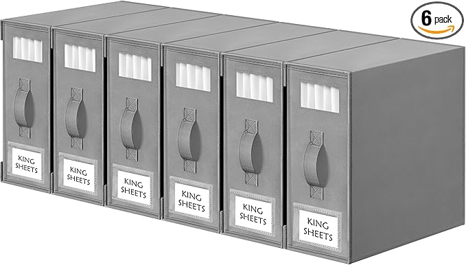 Criusia Bed Sheet Organizers and Storage, 6 Pack Foldable Linen Closet Organizer Box – Bedding Holder for Sheet Set (King/Queen Sizes), Duvet Covers, Blankets (Grey)