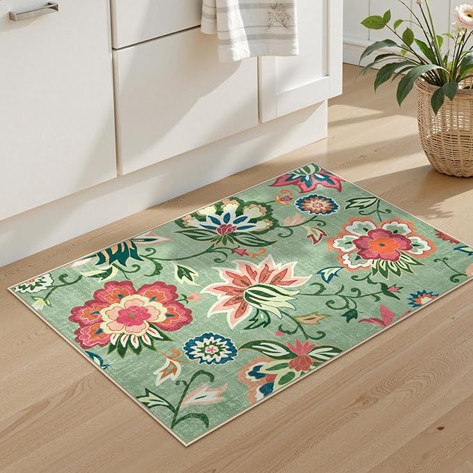 Beeiva Floral 2x3 Washable Rug Non Slip, Ultra Thin Door Mat Indoor Entrance for Kitchen, Non Shedding Green Rug Carpet Entry Way Bedroom Beside Bathroom (Light Green,2'x3')