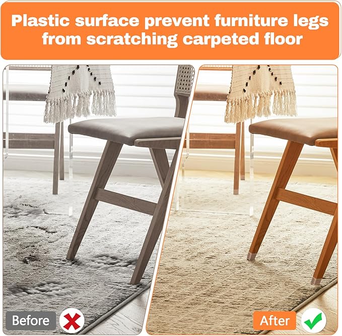 28Pcs Chair Leg Protectors for Carpet Rug, Square Furniture Sliders for Carpeted Floors, Bar Stools Leg Glides Covers Caps with Plastic Pads Anti Scratches (Fit:5/8"~13/16", Clear)
