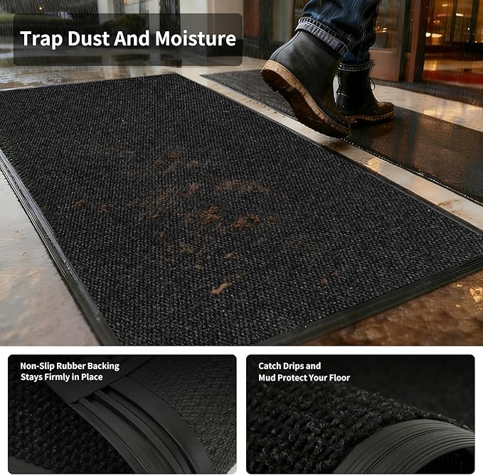 3ft x 16ft Front Door Mat Indoor Outdoor Entrance, Commercial Heavy Duty Entryway Matt, Non-Slip Rubber Backing Low Profile Doormat, Waterproof Dirt Trapper Welcome Mat for High Traffic Area