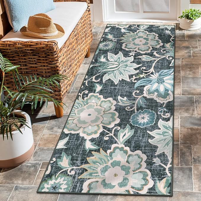 Beeiva Floral 2x5 Rug Runners for Hallways, Ultra Thin Blue Kitchen Runner Rug Washable, Vintage Plant Non-Shedding Bathroom Non-Slip Hallway Carpet for Entryway Bedroom Kitchen
