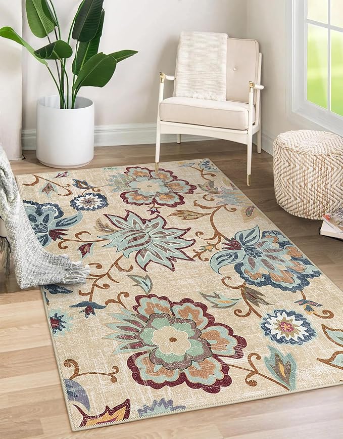 Beeiva Floral Washable 3x5 Area Rugs, Paisley Non Slip Rugs for Bedroom, Throw Ultra Thin Beige Carpet Entryway Carpets with Rubber Backing for Bathroom Kitchen Office