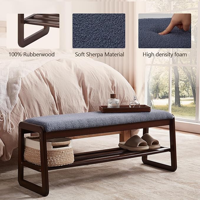Shoe Rack Bench,2 Tier Wooden Entryway Bench with Shoe Storage, Shoe Rack with Cushion for Living Room, Hallway(Grayish Blue, 39.4")