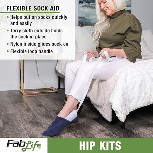 FabLife Hip Kit Daily Living Aids for Mobility, Hip Replacement Recovery, Knee and Back Surgery Includes Grabber Reacher, Bath Sponge Stick, Flexible Sock Aid, Shoehorn