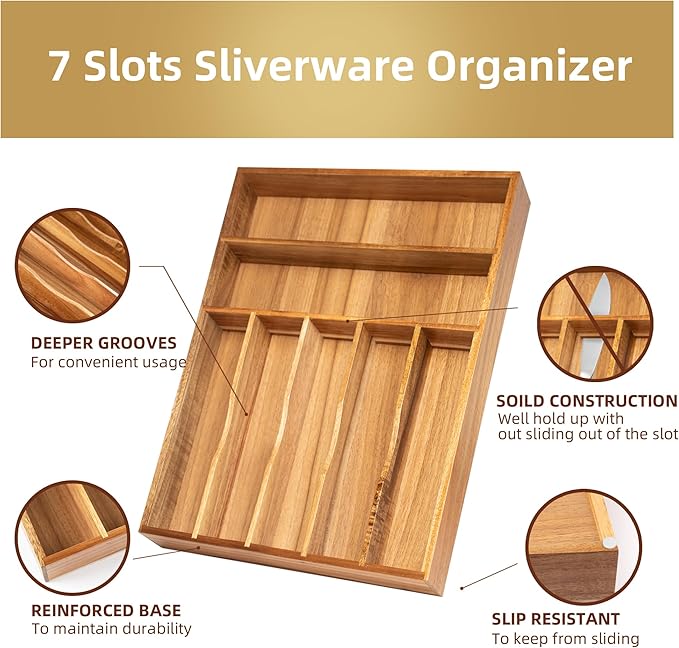 Silverware Organizer Acacia Kitchen Drawer Organizer Utensil Organizer Silverware Holder Cutlery Organizer in drawer Flatware Organizer Tray (Acacia 7 Slots)